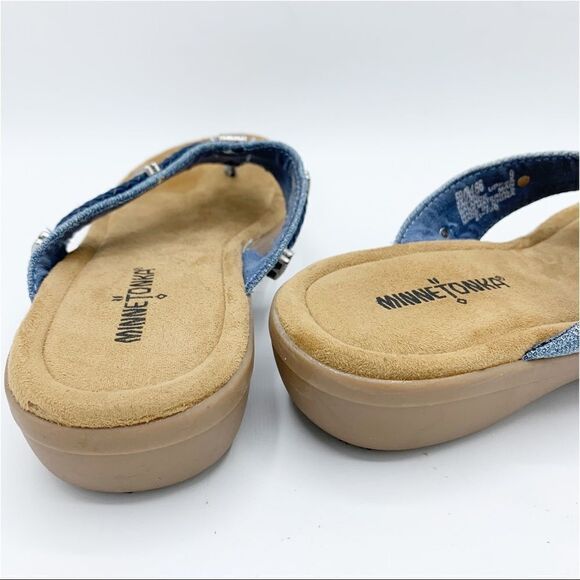 Minnetonka Chambray Silverthrone Wedge Thong Sandals Sz 9 - Picture 8 of 13